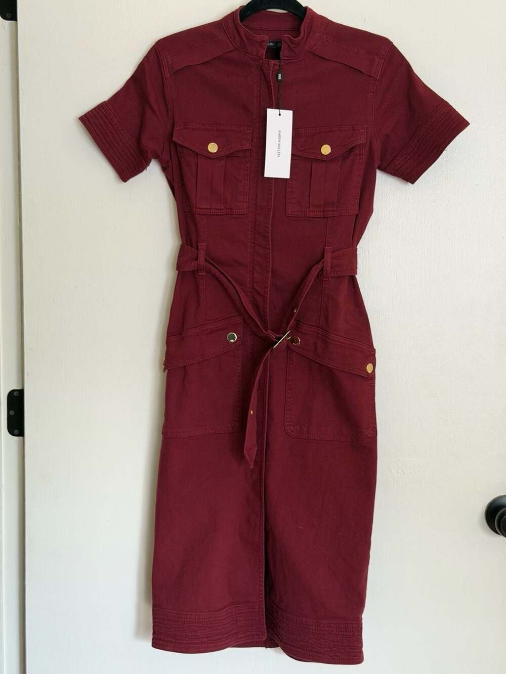 Karen Millen Structured Cotton Utility Midi Shirt Dress with Belt in Burgundy